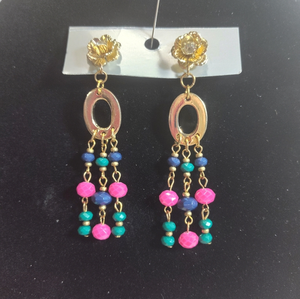 Gold and Multicolor Pink blue Beaded Earrings